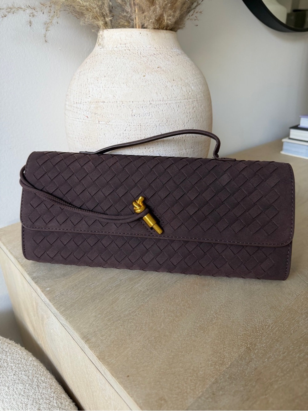 Elegant Woven Chocolate Brown Women's Clutch Handbag